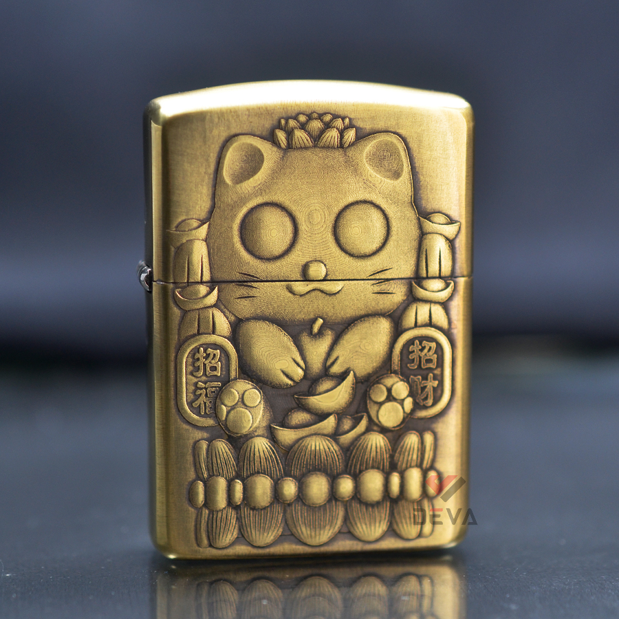 Zippo Armor Khắc Hình Chú Mèo Thần Tài May Mắn ZD61